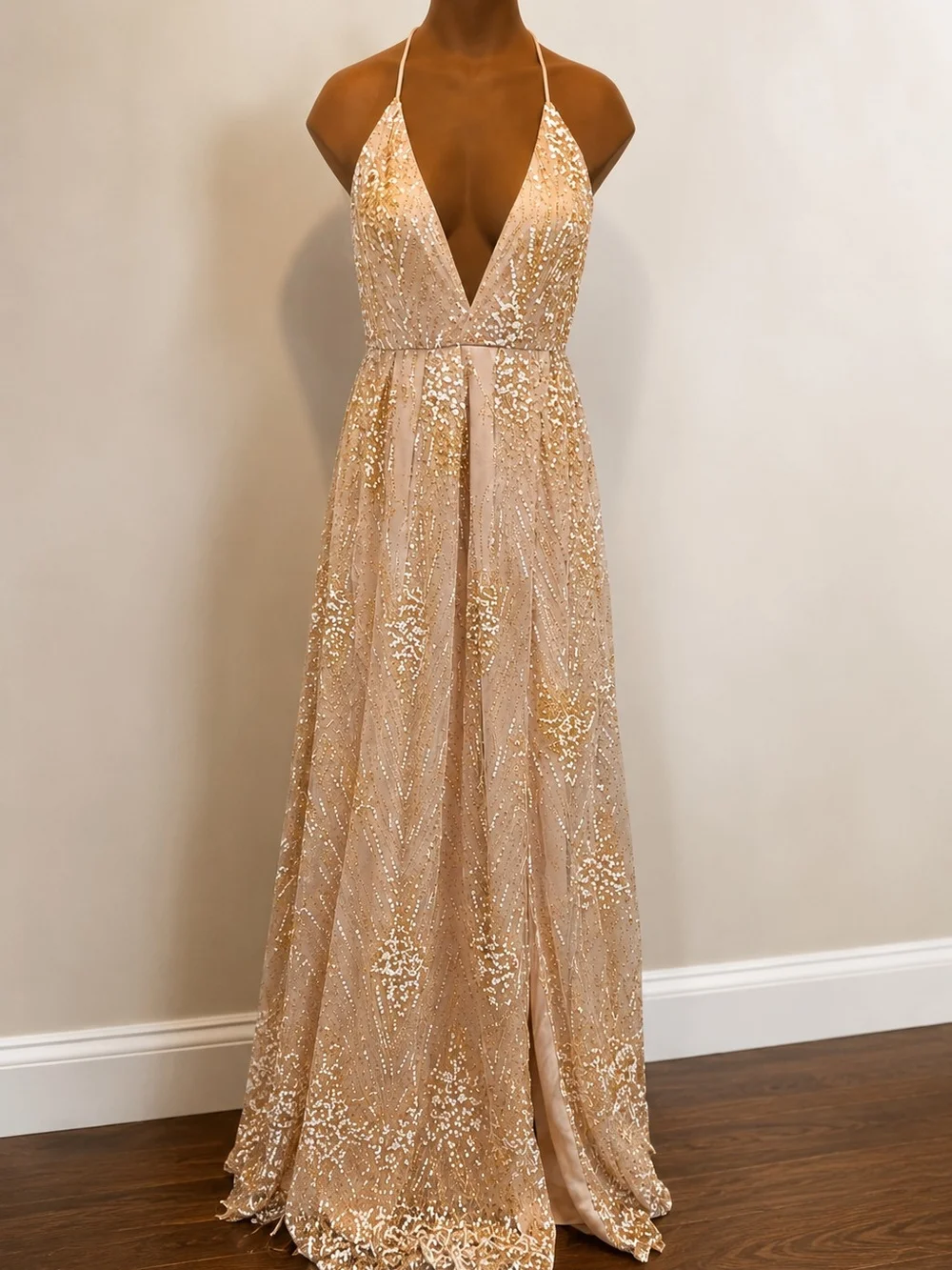 ThatsSoFetch Gold Sequin Halter Prom Dress with Deep V